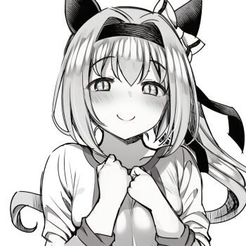 1girl animal_ears blush bow clenched_hands commentary_request ear_bow ear_covers hair_intakes hairband hands_up haru_urara_(bestest_prize)_(umamusume) haru_urara_(umamusume) highres horse_ears horse_girl jacket long_sleeves looking_at_viewer monochrome multiple_views shirt short_hair smile solo_focus symbol-shaped_pupils uma_dacchi_ex umamusume upper_body white_background white_bow white_shirt