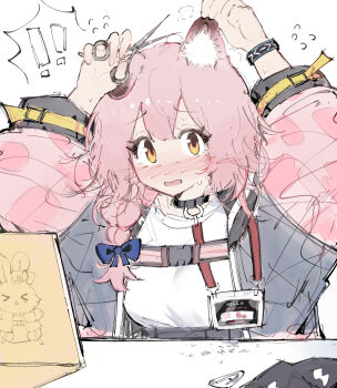 1girl animal_ear_fluff animal_ears arknights black_jacket blush bow braid cat_ears cat_girl coat cutting_hair ears_up embarrassed floppy_ears goldenglow_(arknights) hair_bow hashtag-only_commentary highres infection_monitor_(arknights) jacket long_hair long_sleeves looking_at_viewer multicolored_jacket open_clothes paofan pink_coat pink_hair pink_jacket scissors scottish_fold shirt solo steaming_body surprised two-tone_jacket white_background yellow_eyes