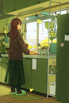 1girl black_pants bowl brown_hair bug cabinet commentary_request cup day dragonfly faucet from_behind full_body green_skirt grey_sweater highres indoors insect kitchen long_hair long_skirt long_sleeves looking_outside matsumine_(twin-mix) original oven_mitts pants pants_under_skirt plaid_clothes plaid_skirt plate refrigerator rug shelf sink skirt slice_of_life slippers solo spatula standing straight_hair sweater tongs towel window wooden_floor