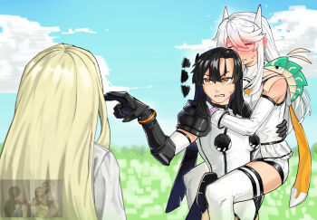 3girls bare_shoulders black_gloves black_hair blonde_hair blush breasts character_request cloud commentary day elbow_gloves fake_horns flying_sweatdrops gloves gmeg011 goggles highres horns hug koishikawa_iko leotard long_hair meme momijiyama_teru multiple_girls n-villio orange_eyes shorts shoulder_pads shy_(series) small_breasts symbol-only_commentary teeth thighhighs white_leotard white_shorts white_sleeves white_thighhighs