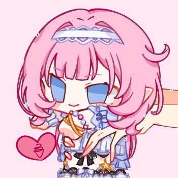 1girl 1other bikini blue_eyes blue_jacket blush_stickers bracelet chinese_commentary commentary_request elf elysia_(honkai_impact) elysia_(miss_pink_elf)_(honkai_impact) elysia_(summer_miss_elf)_(honkai_impact) hairband heart holding_chibi honkai_(series) honkai_impact_3rd jacket jewelry ling280945 long_hair official_alternate_costume pink_hair pointy_ears simple_background smile swimsuit very_long_hair white_bikini white_hairband