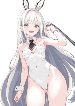 absurdres animal_ears ascot black_ascot blanc_(nikke) bow bowtie breasts cane covered_navel detached_collar fake_animal_ears fang fishnet_pantyhose fishnets goddess_of_victory:_nikke highres leotard long_hair mo_mo_mo79 nail_polish pantyhose playboy_bunny rabbit_ears shirt simple_background skin_fang small_breasts smile strapless strapless_leotard white_background white_leotard white_nails white_shirt wrist_cuffs yellow_eyes