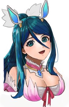 1girl :d bare_shoulders blue_eyes blue_hair breasts cleavage fire_emblem hair_between_eyes highres iipzeyjhms0dohl long_bangs long_hair looking_at_viewer nintendo open_mouth oribe_tsubasa ponytail smile solo tokyo_mirage_sessions_fe upper_body white_background