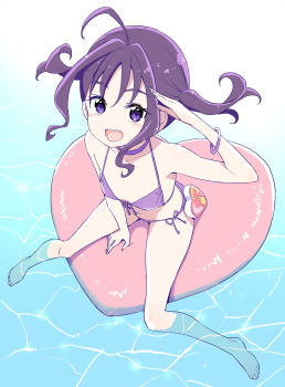 1girl :d ahoge akata_itsuki bare_arms bare_legs barefoot between_legs bikini blush bracelet choker flat_chest from_above full_body hair_between_eyes hair_intakes halterneck hand_between_legs highres inflatable_toy jewelry kimi_to_idol_precure long_hair open_mouth precure purple_bikini purple_choker purple_eyes purple_hair salute shigure_kokoro side-tie_bikini_bottom smile soaking_feet solo swimsuit twintails