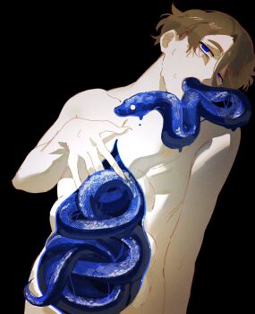 1boy all_the_way_through blood blue_blood brown_hair elliot_(par0llel) guro hand_up head_tilt highres hole_in_stomach intestines male_focus nude original par0llel rolling_eyes short_hair snake solo sweatdrop