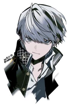 1boy black_jacket buttons closed_mouth dated grey_eyes grey_hair hair_between_eyes highres jacket looking_at_viewer male_focus narukami_yu open_clothes open_shirt persona persona_4 shirt short_hair simple_background smile solo twitter_username white_background white_shirt zeka_(skzk_cm)