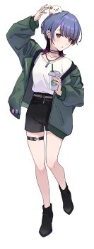 1girl absurdres arm_up black_shoes black_shorts blue_hair commentary cup disposable_cup full_body gradient_hair green_jacket highres holding holding_cup jacket jellyfish_cut jewelry koshimizu_toru koshimizu_toru_(3rd_costume) long_sleeves looking_at_viewer multicolored_hair necklace nijisanji open_clothes open_jacket parted_lips purple_eyes purple_hair shirt shoes shorts simple_background solo spoon_(tamakakama) starbucks thigh_strap virtual_youtuber white_background white_shirt