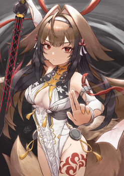 1girl absurdres animal_ears bare_shoulders breasts brown_hair butter_spoon china_dress chinese_clothes cleavage closed_mouth clover clover_hair_ornament cropped_legs dress eyeshadow fighting_stance floppy_ears hair_between_eyes hair_ornament hairband highres holding holding_sword holding_weapon large_breasts leg_tattoo long_hair looking_at_viewer makeup nail_polish red_eyes red_eyeshadow red_tattoo serious sleeveless solo standing sword tail tattoo very_long_hair weapon ye_shunguang yellow_nails zenless_zone_zero