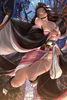 1girl alternate_breast_size bit_gag black_hair blood breasts brown_hair cleavage collarbone floating_hair gag hair_ribbon haori japanese_clothes kamado_nezuko kimetsu_no_yaiba kimono large_breasts long_hair looking_at_viewer multicolored_hair night off_shoulder open_clothes open_kimono outdoors panties pink_eyes pink_kimono pink_ribbon ribbon solo string tabi two-tone_hair underwear very_long_hair white_legwear white_panties zumi_(zumidraws)