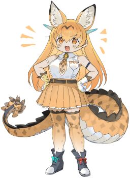 1girl animal_ears animal_print bare_shoulders black_boots blonde_hair blush boots bow cat_ears cat_girl cat_print collared_shirt commentary_request dragon_girl dragon_horns dragon_serval_(kemono_friends) dragon_tail extra_ears fangs frilled_gloves frilled_thighhighs frills full_body gloves hair_between_eyes hands_on_own_hips high-waist_skirt highres horns kemono_friends long_hair necktie open_mouth pleated_skirt print_gloves print_necktie print_thighhighs shirt sidelocks skirt sleeveless slit_pupils smile solo spawnfoxy tail tail_bow tail_ornament thighhighs white_shirt yellow_eyes yellow_gloves yellow_necktie yellow_skirt yellow_thighhighs zettai_ryouiki
