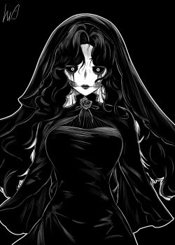 1girl absurdres arms_behind_back blood bloody_tears breasts capelet commentary curly_hair english_commentary flower glasgow_smile greyscale highres la_llorona large_breasts latin_american_folklore lips lughost monochrome rose signature solo upper_body veil
