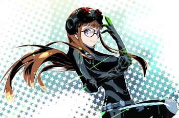 1girl black-framed_eyewear blunt_bangs bodysuit breasts brown_hair clenched_hand closed_mouth cofffee cowboy_shot floating_hair from_side glasses goggles goggles_on_head gradient_background hair_spread_out hand_up knee_up light_particles long_hair looking_at_viewer looking_to_the_side open_hand oracle_(persona_5) persona persona_5 purple_eyes sakura_futaba sidelocks small_breasts smile solo