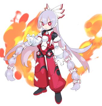1girl absurdres bow bright_pupils cheri_zao closed_mouth fire fujiwara_no_mokou full_body grey_hair hair_between_eyes hair_bow highres joints long_hair mechanization red_eyes robot_girl robot_joints simple_background solo touhou white_background white_bow white_pupils