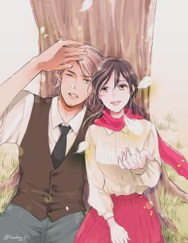 1boy 1girl affair alternate_costume artist_name bad_tag betrayal black_hair black_necktie bonbon_jl brown_hair cheating_(relationship) commentary_request disgrace disgust facial_hair formal_clothes goatee_stubble incest infidelity jean_kirstein long_hair long_sleeves mikasa_ackerman necktie netorare netorase one_eye_closed out_of_character outdoors red_scarf scarf shingeki_no_kyojin shirt short_hair sitting smile stubble suit teeth twitter_username unfaithful white_shirt