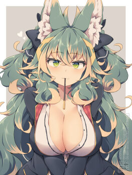 1girl animal_ear_fluff animal_ears black_jacket blush border breasts cleavage closed_mouth commentary_request food food_in_mouth green_eyes green_hair grey_background jacket kuromiya kuromiya_raika_(kuromiya) large_breasts long_hair long_sleeves looking_at_viewer mouth_hold multicolored_hair original pocky pocky_day pocky_in_mouth solo two-tone_hair white_border