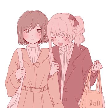 1girl 1other :d ^_^ akiyama_mizuki arm_at_side arm_hug bag belt blush bow braid brown_bow brown_coat brown_hair brown_jacket closed_eyes closed_mouth coat collared_coat commentary_request facing_another hair_bow hand_on_another's_arm hands_up highres jacket kyline lapels long_sidelocks long_sleeves looking_at_another looking_to_the_side notched_lapels open_clothes open_jacket open_mouth project_sekai shinonome_ena shopping_bag short_braid shoulder_bag side-by-side side_braid side_ponytail sidelocks simple_background smile sweater swept_bangs turtleneck turtleneck_sweater vertical-striped_sweater white_background