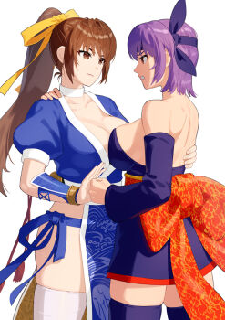 2girls ayane_(doa) black_dress blue_kimono breasts brown_eyes brown_hair cleavage clenched_hand collarbone cowboy_shot dead_or_alive dress hashtag-only_commentary high_ponytail highres japanese_clothes kasumi_(doa) kimono large_breasts long_hair multiple_girls ponytail purple_hair purple_thighhighs short_hair simple_background thighhighs white_background white_thighhighs yagi2013