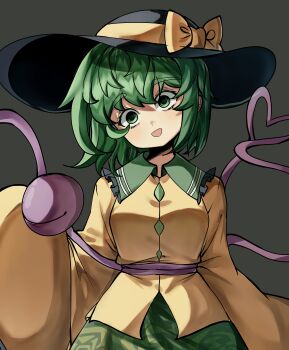 Rule 34 | 1girl, :d, @ @, absurdres, black hat, blank stare, blouse, bow, commentary, cowboy shot, dot nose, eyeball, frilled shirt collar, frills, green eyes, green hair, green skirt, grey background, hat, hat bow, hat ribbon, head tilt, heart, heart of string, highres, komeiji koishi, long sleeves, looking at viewer, open mouth, ribbon, shirt, short hair, simple background, skirt, sleeves past fingers, sleeves past wrists, smile, solo, straight-on, third eye, touhou, user jnhm8724, wide-eyed, wide sleeves, yellow bow, yellow ribbon, yellow shirt