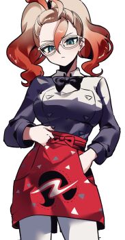 1girl apron black_bow black_bowtie blue_eyes blush bow bowtie breasts closed_mouth ebi_(shrimp_eleven) glasses gradient_hair grey_shirt griselle_(pokemon) hand_in_pocket highres large_breasts multicolored_hair nintendo orange_apron orange_hair pantyhose pokemon pokemon_legends:_z-a ponytail print_apron red_apron red_hair shirt simple_background split_ponytail two-tone_hair waist_apron white-framed_eyewear white_background white_pantyhose