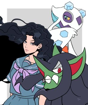 Rule 34 | 1girl, black hair, blue eyes, blue serafuku, commentary, crossover, curly hair, expressionless, froslass, gen 4 pokemon, gen 8 pokemon, grimmsnarl, hashtag-only commentary, highres, jojo no kimyou na bouken, kabutom ue shi, lips, long hair, neckerchief, nintendo, pleated skirt, pokemon, pokemon (creature), purple eyes, purple neckerchief, red eyes, school uniform, serafuku, skirt, very long hair, yamagishi yukako