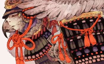 animal animal_focus armor beak bird chinese_knot close-up clothed_animal commentary feathers from_side hawk helmet highres japanese_armor kabuto_(helmet) looking_ahead no_humans original portrait profile shoulder_armor sode solo symbol-only_commentary tassel tonbippo08 wings yellow_eyes