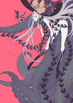 Rule 34 | 1girl, bare legs, black hat, fate (series), flower, from side, hat, kaifei (kaifei 29), long hair, red background, simple background, solo, tentacles, white hair