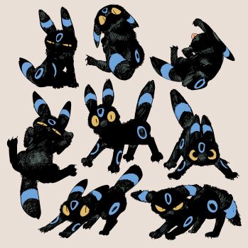 Rule 34 | absurdres, alternate color, angry, animal focus, colored sclera, commentary request, full body, gen 2 pokemon, grey background, highres, looking at viewer, lying, multiple expressions, multiple views, narrowed eyes, newo (shinra-p), nintendo, no humans, on back, pokemon, pokemon (creature), shiny pokemon, simple background, sitting, slit pupils, tongue, tongue out, umbreon, yellow sclera