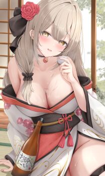 1girl absurdres alcohol blush bottle breasts choko_(cup) cleavage collarbone commentary_request cup flower grey_hair hair_flower hair_ornament highres holding holding_cup japanese_clothes kimono large_breasts long_hair off_shoulder original parted_lips red_flower sake sake_bottle solo uni_ikura white_kimono