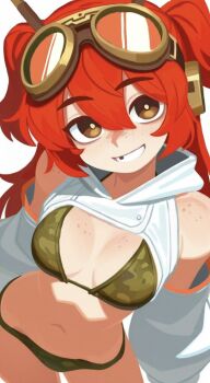 1girl bare_shoulders bikini body_freckles breast_freckles breasts bright_pupils brown_eyes camouflage camouflage_bikini cleavage commentary contrapposto cowboy_shot deli_mage detached_sleeves english_commentary freckles goggles goggles_on_head green_bikini grin hair_between_eyes headphones highres hooded_shrug long_hair looking_at_viewer medium_breasts missing_tooth navel original radio_antenna red_hair shoulder_freckles shrug_(clothing) simple_background smile solo standing stomach swimsuit truck_(nifast_(greentail)) two_side_up white_background white_shrug white_sleeves