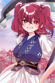 Rule 34 | 1girl, blush, breasts, brown sash, coin, coin on string, commentary request, flower, grin, hair between eyes, hair bobbles, hair ornament, highres, holding, holding scythe, katsuragi atori, large breasts, looking at viewer, medium hair, obi, obidome, onozuka komachi, open mouth, outdoors, red eyes, red flower, red hair, sash, scythe, shirt, short sleeves, skirt, sky, smile, solo, spider lily, touhou, twitter username, two side up, upper body, white shirt, white skirt