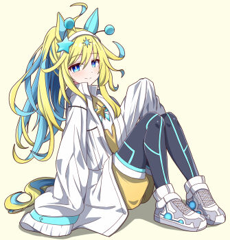 Rule 34 | 1girl, ahoge, alternate costume, animal ears, blue eyes, blush, closed mouth, full body, hair between eyes, hair ornament, highres, hiro (pqtks113), horse ears, jacket, long sleeves, looking at viewer, multicolored hair, neo universe (umamusume), shoes, shorts, smile, solo, two-tone hair, umamusume, white background