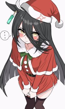... 1girl anger_vein angry animal_ears black_hair black_thighhighs blunt_ends blush cape capelet closed_mouth clothes_pull commentary_request dress dress_pull ear_ornament ear_tag earrings embarrassed fur-trimmed_capelet fur_trim furrowed_brow hat highres horse_ears horse_girl jewelry long_hair long_sleeves manhattan_cafe_(umamusume) pom_pom_(clothes) red_cape red_dress red_hat santa_hat simple_background single_earring solo speech_bubble spoken_ellipsis thighhighs umamusume user_rmus7348 very_long_hair white_background yellow_eyes