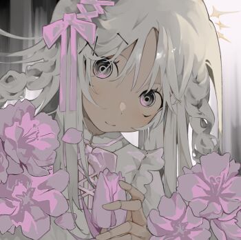 1girl bow closed_mouth commentary doll_joints dress english_commentary flower frilled_dress frills grey_eyes hair_bow joi joints light_smile long_hair looking_at_viewer original pink_bow pink_flower solo toasu upper_body white_dress white_hair
