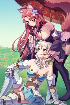 2girls absurdres animal_ears armored_boots artist_request bent_over blonde_hair blue_eyes boots commission commissioner_upload eye_contact field flower flower_field fox_ears fox_girl fox_tail hand_on_another&#039;s_cheek hand_on_another&#039;s_face highres holding holding_umbrella in-franchise_crossover japanese_clothes juniper_(sakura_fox_adventure) kimono knight looking_at_another multiple_girls non-web_source on_ground pink_hair sakura_dungeon sakura_fox_adventure sitting smile tail umbrella yomi_(sakura_dungeon) yuri