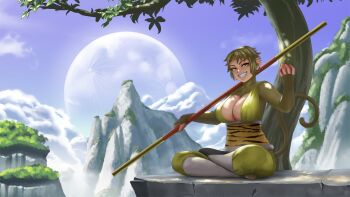 1girl breasts brown_eyes brown_hair cleavage cloud crossed_legs day female_focus genderswap genderswap_(mtf) grin highres huge_breasts journey_to_the_west looking_at_viewer lvl_(sentrythe2310) monkey_girl monkey_tail moon mountain original outdoors polearm short_hair smile solo sun_wukong tail tree under_tree weapon