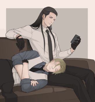 2boys bindi black_gloves black_hair black_jacket black_necktie black_pants black_suit blonde_hair blue_shirt cellphone closed_eyes closed_mouth collar couch crossed_arms earrings final_fantasy final_fantasy_vii final_fantasy_vii_remake fingerless_gloves formal_clothes framed gloves grey_eyes hair_between_eyes holding holding_phone jacket jewelry long_hair looking_at_object lying lying_on_lap lying_on_person male_focus multiple_boys necktie pants phone rufus_shinra shirt short_hair simple_background sitting sleeping sleeping_on_person square_enix suit tseng turks_(ff7) umkyuri83 vest white_shirt wing_collar