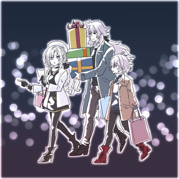 Rule 34 | 1girl, 2boys, beret, black dress, black gloves, black pants, black pantyhose, brown coat, coat, contemporary, dress, fate/grand order, fate (series), gift, gloves, grey coat, grey hair, hat, highres, kriemhild (fate), long hair, multiple boys, pants, pantyhose, pointing, pointing forward, shopping, shopping list, sieg (fate), siegfried (fate), smile, takashimizu44