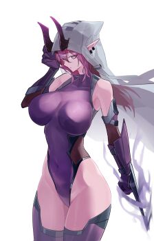 1girl absurdres alternate_costume arknights arm_up armored_legwear ascalon_(arknights) breasts cassiri closed_mouth collarbone covered_navel cowboy_shot demon_horns earrings ears_through_hood gloves groin heattech_leotard highleg highleg_leotard highres hood hood_up horns jewelry large_breasts leotard long_hair pointy_ears purple_eyes purple_gloves purple_hair purple_leotard purple_thighhighs slit_pupils solo standing thighhighs thighs turtleneck vambraces white_background white_hood