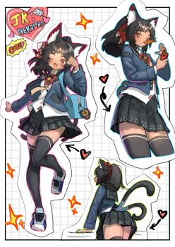 1girl alternate_costume animal_ear_fluff animal_ears arrow_(symbol) bag bag_charm barcode barcode_tattoo black_hair black_skirt black_thighhighs blue_jacket blue_shoes cable cable_tail cat_ears cat_girl cat_tail cellphone character_name charm_(object) checkered_background clenched_hand commentary cookie cowboy_shot cropped_legs english_commentary english_text facial_mark fang food forehead_mark forehead_tattoo from_behind full_body hair_ribbon heart highres holding holding_phone jacket kamiyama_kenta mechanical_tail multiple_tails multiple_views necktie nekomiya_mana one_eye_closed open_mouth phone red_ribbon ribbon school_bag school_uniform shirt shoes skirt sneakers solo sparkle standing standing_on_one_leg sticker tail tattoo thighhighs triangle triangle_facial_mark two_tails white_background white_shirt yellow_necktie zenless_zone_zero