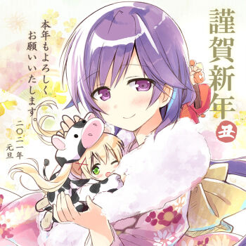 2021 2girls ;d alternate_costume animal_costume animal_print blonde_hair blush blush_stickers bow chibi chibi_inset chinese_zodiac closed_mouth commentary_request cosplay cow_costume cow_print dated eyes_visible_through_hair floral_background floral_print fur-trimmed_kimono fur_trim green_eyes hair_between_eyes hair_ornament hand_up happy_new_year holding_chibi hood hood_up japanese_clothes kigurumi kimono long_hair looking_at_viewer low_ponytail mizuori_shizuku multiple_girls nagayama_yuunon new_year official_art one_eye_closed open_mouth pink_kimono ponytail purple_eyes purple_hair shikishi smile summer_pockets translation_request tsumugi_wenders twintails upper_body x_hair_ornament year_of_the_ox yellow_bow