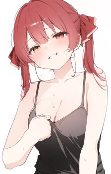 1girl absurdres black_camisole breasts camisole cleavage grin hair_ribbon heterochromia highres hololive houshou_marine large_breasts long_hair looking_at_viewer nyashira red_eyes red_hair red_ribbon ribbon simple_background smile solo spaghetti_strap twintails upper_body virtual_youtuber white_background yellow_eyes