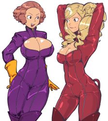 Rule 34 | 2girls, blonde hair, blue eyes, bodysuit, breasts, brown eyes, brown hair, cat mask, catsuit, cleavage, cleavage cutout, clothing cutout, full-length zipper, gloves, large breasts, looking at another, mask, multiple girls, okumura haru, persona, persona 5, plow (witch parfait), purple bodysuit, red bodysuit, simple background, smile, takamaki anne, twintails, wavy hair, white background, yellow gloves, zipper