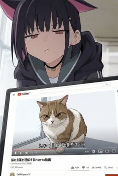 1girl :< animal_ears black_choker black_hair black_jacket blue_archive cat cat_ears choker closed_mouth colored_inner_hair extra_ears frown green_sailor_collar hair_ornament hairclip halo highres hood hooded_jacket jacket kazusa_(blue_archive) looking_at_viewer multicolored_hair pink_eyes pink_hair ponconyan red_eyes sailor_collar school_uniform short_hair solo two-tone_hair user_interface youtube_logo