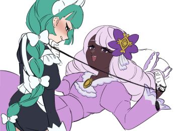2girls :d apron black_dress bow braid braided_ponytail clenched_teeth commentary_request dark-skinned_female dark_skin dress feko gloves hair_bow hair_ornament hand_up headdress highres holding holding_leash jacinthe_(pokemon) leash lebanne_(pokemon) long_hair long_sleeves lying maid multiple_girls nintendo on_back open_mouth pet_play pillow pokemon pokemon_legends:_z-a purple_dress purple_hair smile teeth white_apron white_background white_bow white_gloves