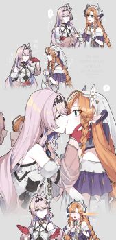 ! ... 2girls absurdres ahoge bare_shoulders blue_eyes blue_hair braid bridal_gauntlets candy closed_mouth colored_inner_hair commentary_request denia_(wuthering_waves) food gloves green_eyes grey_background highres jouhou kiss long_hair long_sleeves looking_at_another multicolored_hair multiple_girls multiple_views orange_hair pink_hair pointy_ears purple_eyes red_gloves saliva saliva_trail sigrika_(wuthering_waves) simple_background smile spoken_ellipsis spoken_exclamation_mark tongue tongue_out veil white_bridal_gauntlets white_veil wuthering_waves yuri