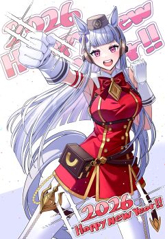 1girl 2026 absurdres animal_ears armband blunt_bangs blush bow bowtie breasts brown_hat commentary_request dress ear_bow gloves gold_ship_(red_strife)_(umamusume) gold_ship_(umamusume) grey_hair happy_new_year hat highres horse_ears horse_girl horse_tail large_breasts leggings long_hair looking_at_viewer new_year nilly_(nillyliya) open_mouth pantyhose pillbox_hat purple_bow purple_eyes red_bow red_bowtie red_dress sleeveless sleeveless_dress smile solo striped_armband striped_clothes tail teeth thigh_strap umamusume upper_teeth_only white_gloves white_leggings white_pantyhose
