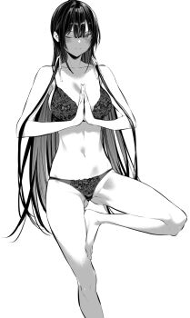 1girl bare_shoulders bra breasts closed_mouth collarbone gluteal_fold greyscale groin groin_tendon hair_between_eyes hair_ribbon haite_kudasai_takamine-san highres hiiragi_yuuichi large_breasts long_hair looking_at_viewer monochrome navel one_eye_closed palms_together panties ribbon simple_background solo standing standing_on_one_leg takamine_takane thighs underwear underwear_only very_long_hair yoga