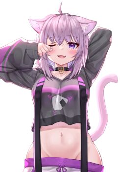 1girl ;d absurdres ahoge animal_ear_fluff animal_ears arms_up bad_id bad_twitter_id black_sweater blush breasts cat_ears cat_girl cat_tail collar cowboy_shot deaver duplicate fang food_print groin highres hololive long_sleeves looking_at_viewer medium_breasts midriff navel nekomata_okayu nekomata_okayu_(1st_costume) one_eye_closed open_mouth pink_hair print_sweater purple_eyes short_hair simple_background skin_fang sleeves_past_wrists smile solo stomach sweater tail tears virtual_youtuber white_background wiping_tears
