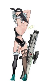 Rule 34 | 1girl, absurdres, animal ears, arms behind head, ass, assault rifle, back, black leotard, bridal gauntlets, bullpup, caseless firearm, elbow gloves, fos1x, full body, g11 (girls' frontline), girls' frontline, gloves, gun, h&amp;k g11, high heels, highres, leotard, maid, playboy bunny, rabbit ears, rifle, simple background, single elbow glove, single wrist cuff, solo, weapon, white background, wrist cuffs
