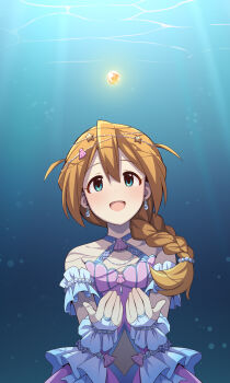 Rule 34 | 1girl, :d, baba konomi, bare shoulders, blue eyes, braid, bridal gauntlets, brown hair, collarbone, commentary request, day, dress, hair between eyes, hair over shoulder, highres, idolmaster, idolmaster million live!, long hair, open mouth, outdoors, pink dress, single braid, smile, solo, uccow, underwater, water